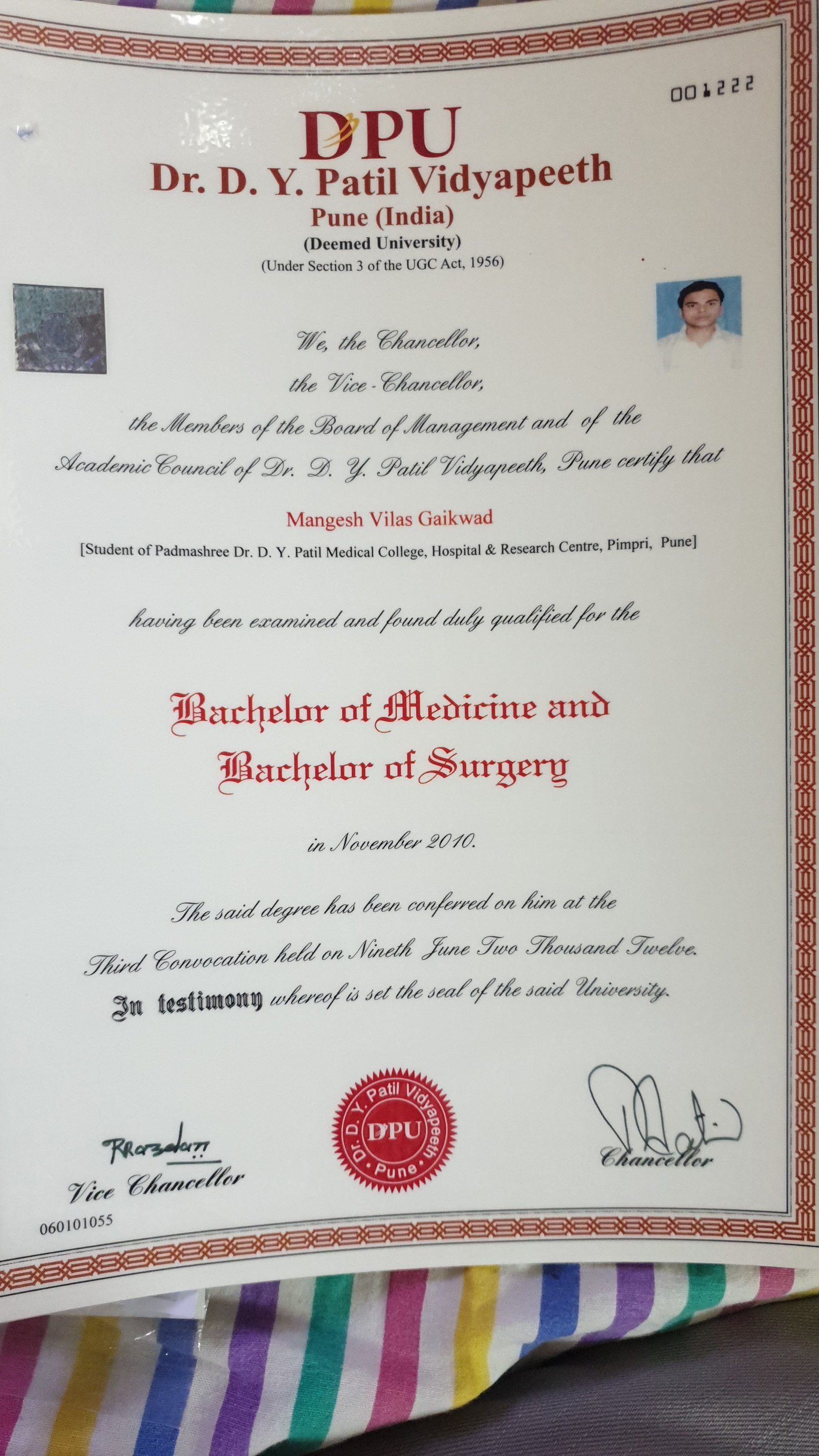 Temporary certificate image for MBBS